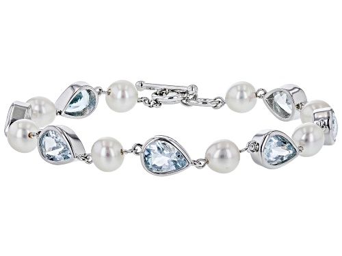 6-6.5mm White Cultured Freshwater Pearl & Aquamarine Rhodium Over Silver 7.5 Inch Bracelet - Size 7.5