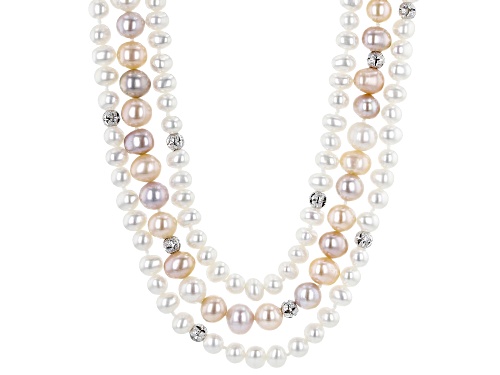 Photo of 6-8mm Multi-Color Cultured Freshwater Pearl Rhodium Over Silver Multi-Strand 18 Inch Necklace - Size 18