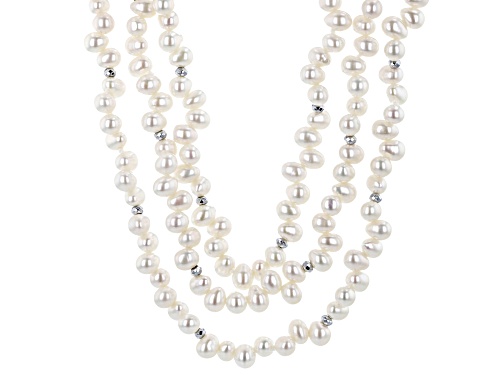 4-8mm White Cultured Freshwater Pearl & Hematine Rhodium Over Silver Multi-Strand 20 Inch Necklace - Size 20