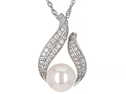 10mm White Cultured Freshwater Pearl & White Zircon Rhodium Over Sterling Silver Pendant