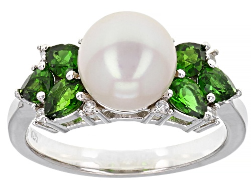 8mm White Cultured Freshwater Pearl Chrome Diopside & White Zircon Rhodium Over Silver Ring - Size 8
