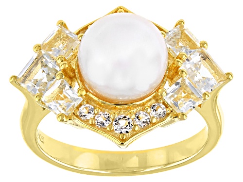 Photo of 9mm White Cultured Freshwater Pearl And White Topaz 18k Yellow Gold Over Sterling Silver Ring - Size 8