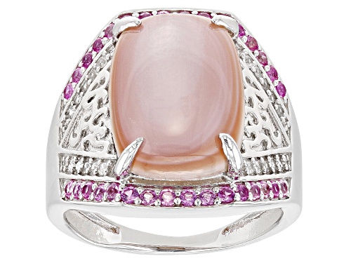 Photo of Pink Mother-Of-Pearl With Lab Pink Sapphire & White Zircon Rhodium Over Silver Ring - Size 8