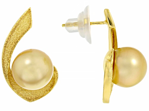 10mm Golden Cultured South Sea Pearl 18k Yellow Gold Over Sterling Silver Earrings