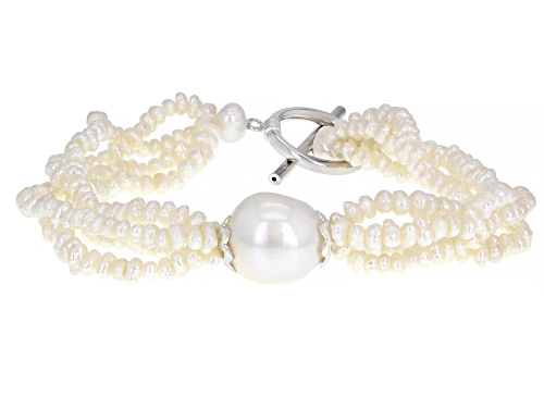 12-13mm & 3-4mm White Cultured Freshwater Pearl Rhodium Over Sterling Silver Bracelet - Size 7.5