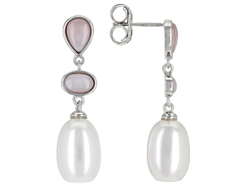 Photo of 9-10mm White Cultured Freshwater Pearl & Pink Mother-Of-Pearl Rhodium Over Sterling Silver Earrings