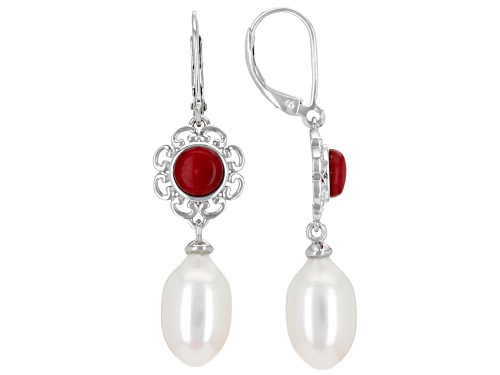 10-12mm White Cultured Freshwater Pearl & Red Bamboo Coral Rhodium Over Sterling Silver Earrings
