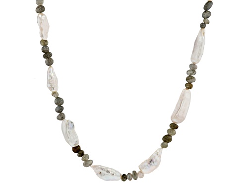 Photo of 25-30mm White Cultured Freshwater Pearl & Labradorite Rhodium Over Sterling Silver 32 inch Necklace - Size 32