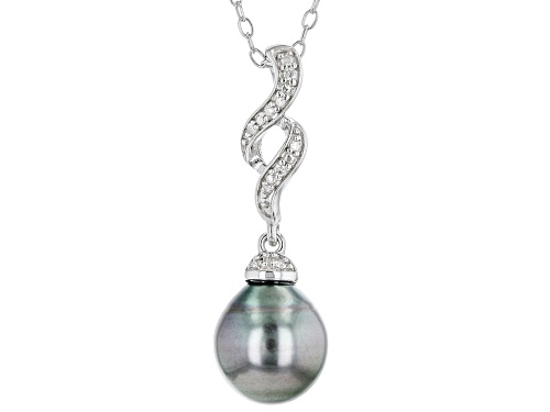 9.5-10mm Cultured Tahitian Pearl With Diamond Accent Rhodium Over Sterling Silver Pendant With Chain