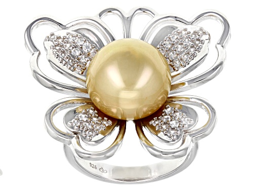 Photo of 12-13mm Golden Cultured South Sea Pearl With White Zircon Rhodium Over Sterling Silver Ring - Size 12