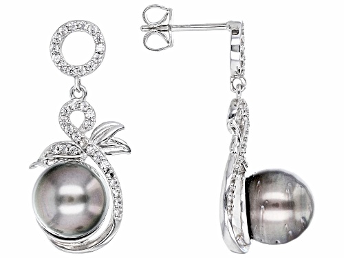 Photo of 9-10mm Cultured Tahitian Pearl & White Zircon Rhodium Over Sterling Silver Earrings