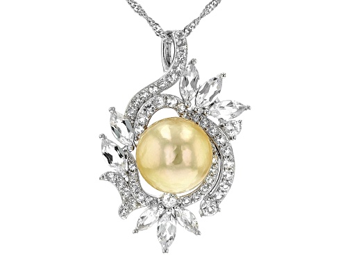 11mm Golden Cultured South Sea Pearl & White Topaz Rhodium Over Sterling Silver Pendant With Chain