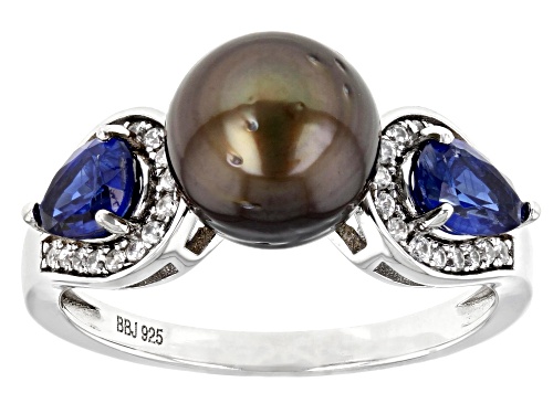 8-9mm Cultured Tahitian Pearl With Kyanite & White Zircon Rhodium Over Sterling Silver Ring - Size 11
