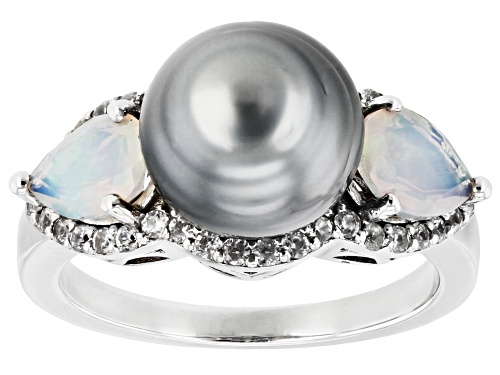 9-9.5mm Cultured Tahitian Pearl With Ethiopian Opal & White Zircon Rhodium Over Sterling Silver Ring - Size 11
