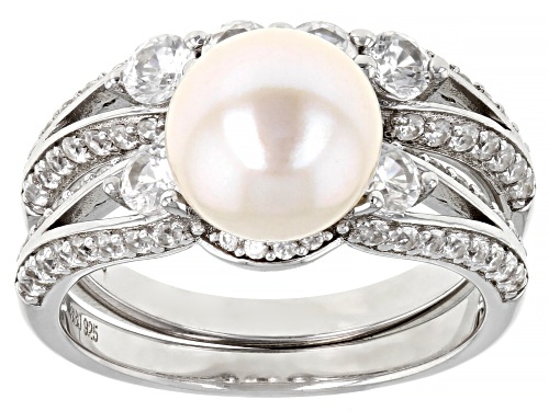 Photo of 8.5mm White Cultured Freshwater Pearl & White Zircon Rhodium Over Sterling Silver Ring Set - Size 9