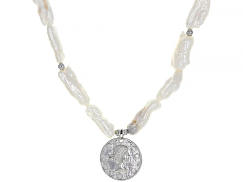 Photo of 6x20mm & 4mm White Cultured Freshwater Pearl With Imitation Coin Charm Rhodium Over Silver Necklace - Size 18