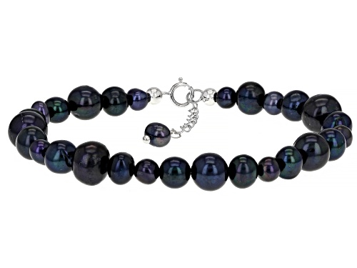 4-8mm Black Cultured Freshwater Pearl Rhodium Over Sterling Silver 7.5 Inch Bracelet - Size 7.5