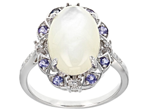 White Mother-Of-Pearl With Tanzanite & White Zircon Rhodium Over Sterling Silver Ring - Size 8