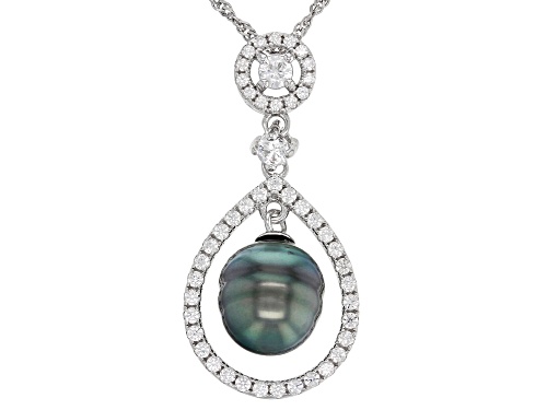 9mm Cultured Tahitian Pearl With White Zircon Rhodium Over Sterling Silver Pendant With Chain