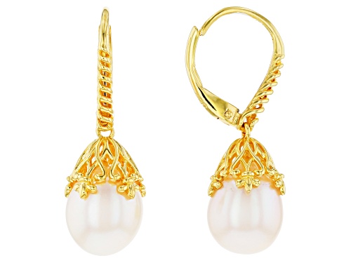 Photo of 9-10mm White Cultured Freshwater Pearl 18k Yellow Gold Over Sterling Silver Earrings