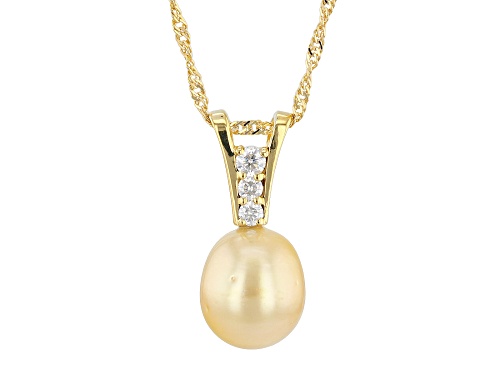 10mm Golden Cultured South Sea Pearl With Moissanite 18k Yellow Gold Over Silver Pendant/Chain