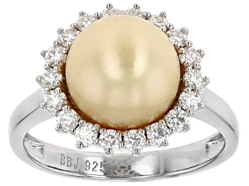 Photo of 10mm Golden Cultured South Sea Pearl With Moissanite Platineve® Ring - Size 11