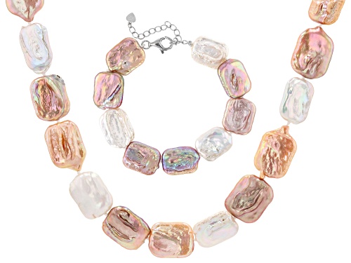 14-16mm Multi-Color Cultured Freshwater Pearl Rhodium Over Silver 20 Inch Necklace & Bracelet Set