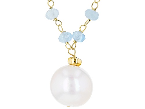 12-12.5mm White Cultured Freshwater Pearl & Aquamarine 18k Yellow Gold Over Silver Necklace - Size 18