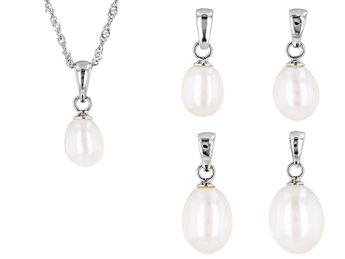 Photo of 5-10mm White Cultured Freshwater Pearl Rhodium Over Sterling Silver Necklace Set Of 5 - Size 18