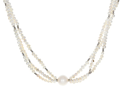 Photo of 11-12mm & 3-4mm White Cultured Freshwater Pearl Rhodium Over Silver Multi-Row Necklace - Size 18