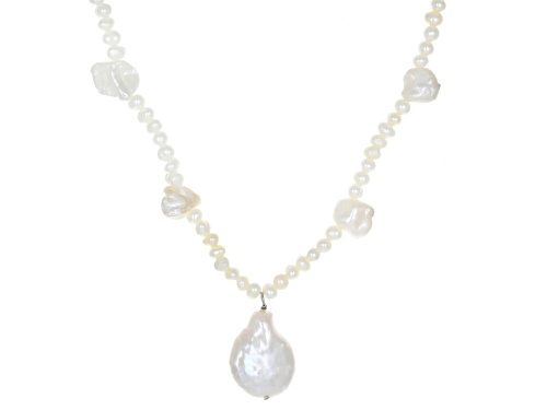 Photo of 13-15mm & 2-5mm White Cultured Freshwater Pearl Rhodium Over Sterling Silver Necklace - Size 18