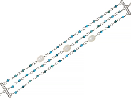 7-8mm White Cultured Freshwater Pearl With Blue Apatite & Bella Luce® Rhodium Over Silver Bracelet - Size 7