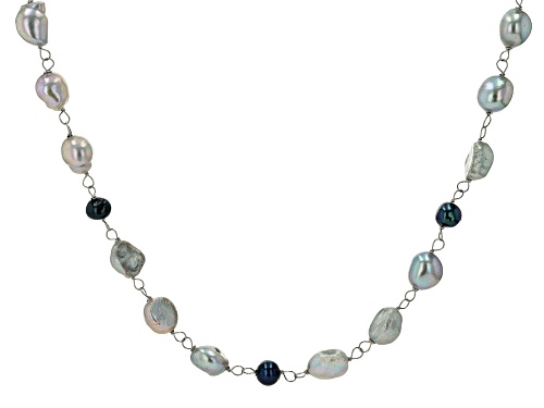 10-11mm & 6-7mm Blue and White Cultured Freshwater Pearl Rhodium Over Sterling Silver Necklace - Size 38