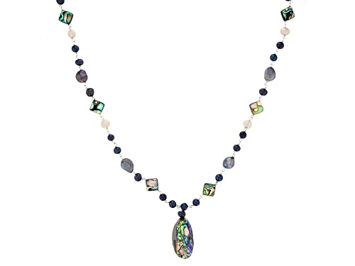 5-7mm & 8-10mm Blue Cultured Freshwater Pearl & Abalone Shell Rhodium Over Sterling Silver Necklace - Size 34