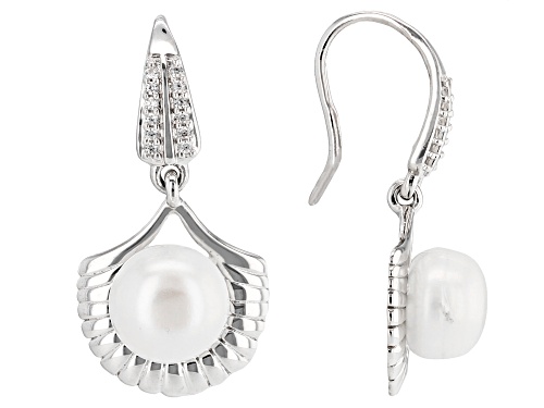 Photo of 9.5mm White Cultured Freshwater Pearl With White Zircon Rhodium Over Sterling Silver Earrings