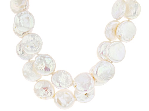 White Cultured Freshwater Pearl Rhodium Over Sterling Silver Double Row Necklace - Size 18