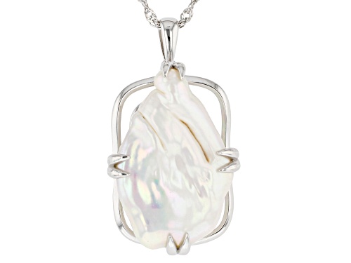 14mm White Cultured Freshwater Pearl Rhodium Over Sterling Silver Pendant with Chain