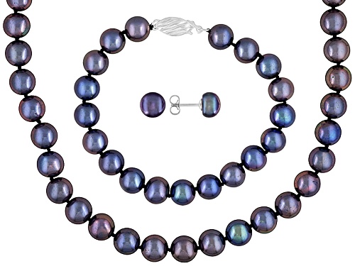 8-9mm Black Cultured Freshwater Pearl Silver Stud Earring, Bracelet, And Necklace Set