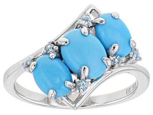 Photo of 8x6mm & 7x5mm Oval Sleeping Beauty Turquoise With .15ctw Swiss Blue Topaz Rhodium Over Silver Ring - Size 8