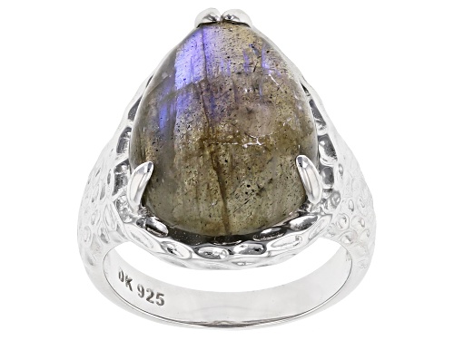 Photo of 18x13mm Pear Shape Cabochon Labradorite Rhodium Over Sterling Silver Solitaire Ring - Size 8