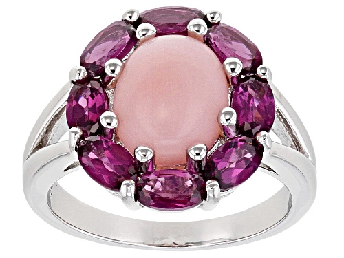 Photo of 10X8mm Oval Pink Opal With 2.24ctw Raspberry Color Rhodolite Rhodium Over Silver Ring - Size 8