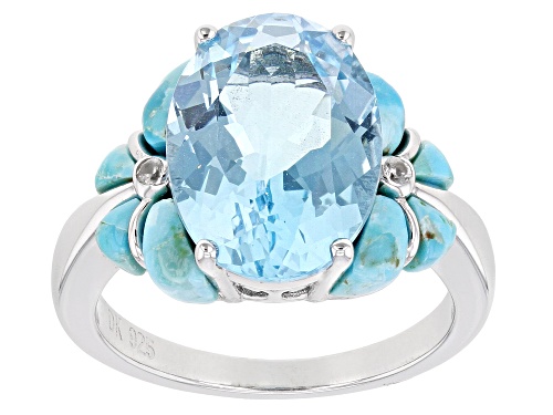 Photo of 6.38ct Oval Glacier Topaz™ with Turquoise & .04ctw Round White Zircon Rhodium Over Silver Ring - Size 8