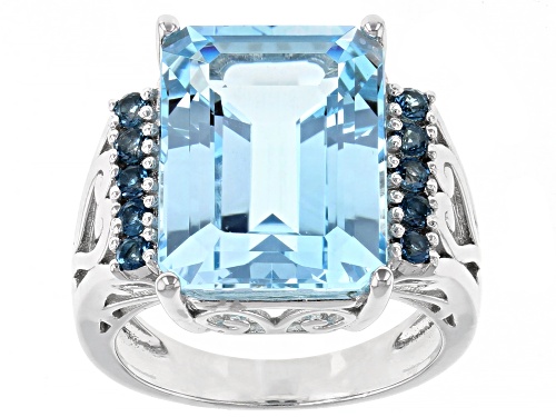 Photo of 11.73ct Emerald Cut Glacier Topaz™ With .34ctw Round London Blue Topaz Rhodium Over Silver Ring - Size 7