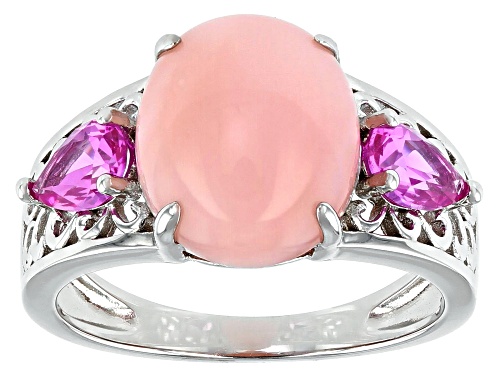 Photo of 12x10mm Oval Pink Opal With .71ctw Lab Created Pink Sapphire Rhodium Over Silver 3-Stone Ring - Size 8