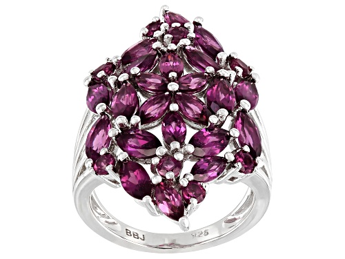 4.44ctw Marquise and .61ctw Round Raspberry Color Rhodolite Rhodium Over Sterling Silver Ring - Size 7