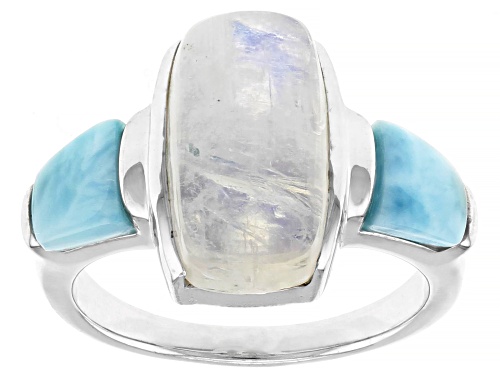 14x8mm Rainbow Moonstone with 6x6mm Larimar Rhodium Over Sterling Silver Ring - Size 7
