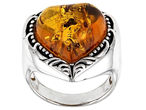 Photo of 15x15MM HEART SHAPE AMBER SOLITAIRE, RHODIUM OVER STERLING SILVER RING - Size 7