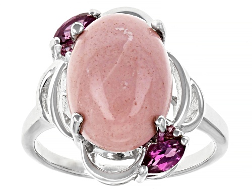 14x10mm Oval Pink Mookaite with .38ctw Round Raspberry Color Rhodolite Rhodium Over Silver Ring - Size 8