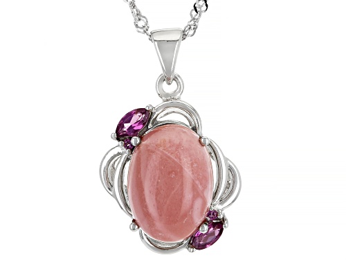 Photo of 14x10mm Pink Mookaite with .38ctw Raspberry Color Rhodolite Rhodium Over Silver Pendant With Chain