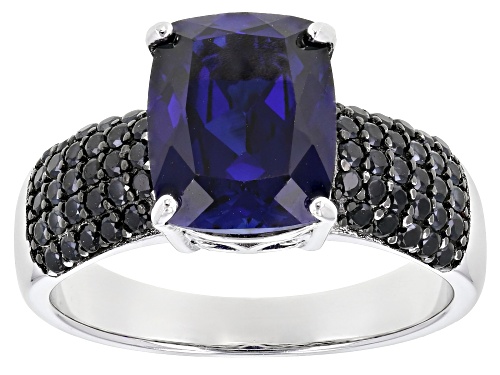 Photo of 4.25ct square cushion Lab Created sapphire and 0.29ctw Black Spinel Rhodium Over Silver ring - Size 9
